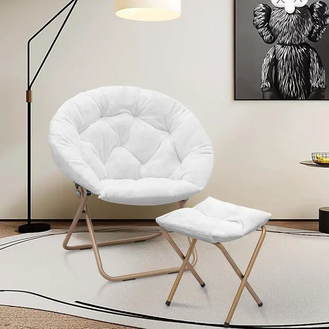 Alt view image 2 of 7 - Round Saucer Chair for Teens and Adults, Faux Fur Living Room Cozy Moon Chairs with Folding Stool (White)