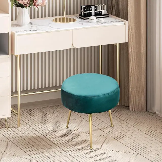 Alt view image 4 of 7 - Vanity Stool with Golden Legs, Green Accent Ottoman for Makeup Room, Round Ottoman Foot Stool, Footrest Chair for Girls' Bedroom, Home Living Room Entryway Stool, 250 lbs Capacity