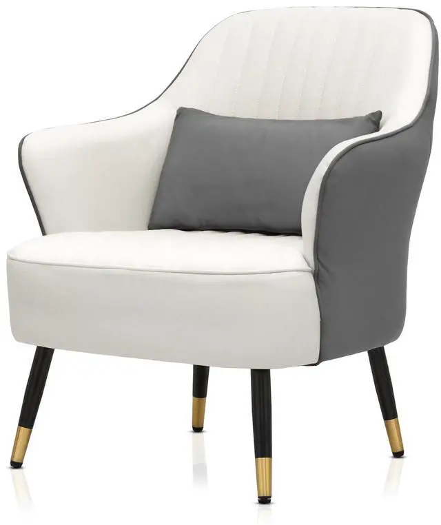 Main image of Accent Chair with Lumbar Pillow, Comfy Reading Chair Mid Century Modern Barrel Chair, Upholstered Single Sofa Chair with Metal Legs for Living Room Bedroom, White & Grey