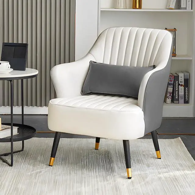 Alt view image 2 of 7 - Accent Chair with Lumbar Pillow, Comfy Reading Chair Mid Century Modern Barrel Chair, Upholstered Single Sofa Chair with Metal Legs for Living Room Bedroom, White & Grey