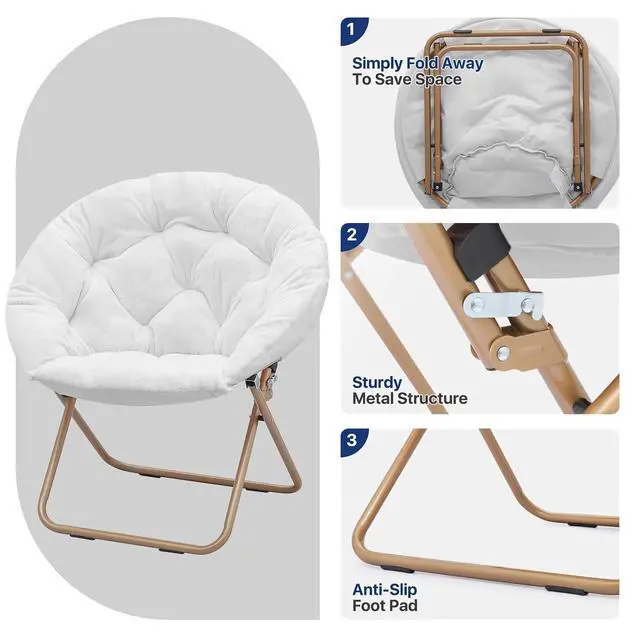 Alt view image 5 of 7 - Round Saucer Chair for Teens and Adults, Faux Fur Living Room Cozy Moon Chairs with Folding Stool (White)