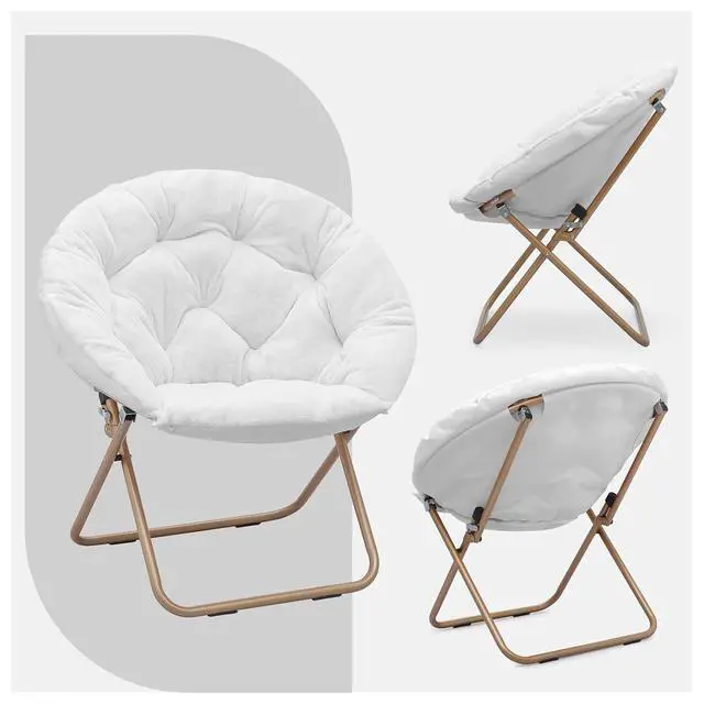 Alt view image 7 of 7 - Round Saucer Chair for Teens and Adults, Faux Fur Living Room Cozy Moon Chairs with Folding Stool (White)