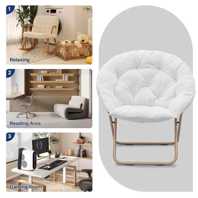 Alt view image 6 of 7 - Round Saucer Chair for Teens and Adults, Faux Fur Living Room Cozy Moon Chairs with Folding Stool (White)