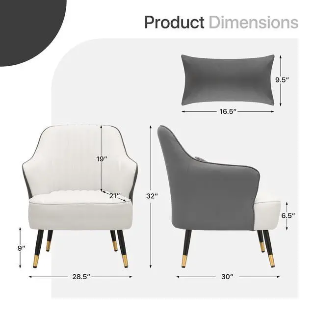 Alt view image 3 of 7 - Accent Chair with Lumbar Pillow, Comfy Reading Chair Mid Century Modern Barrel Chair, Upholstered Single Sofa Chair with Metal Legs for Living Room Bedroom, White & Grey