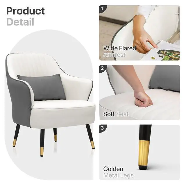Alt view image 6 of 7 - Accent Chair with Lumbar Pillow, Comfy Reading Chair Mid Century Modern Barrel Chair, Upholstered Single Sofa Chair with Metal Legs for Living Room Bedroom, White & Grey