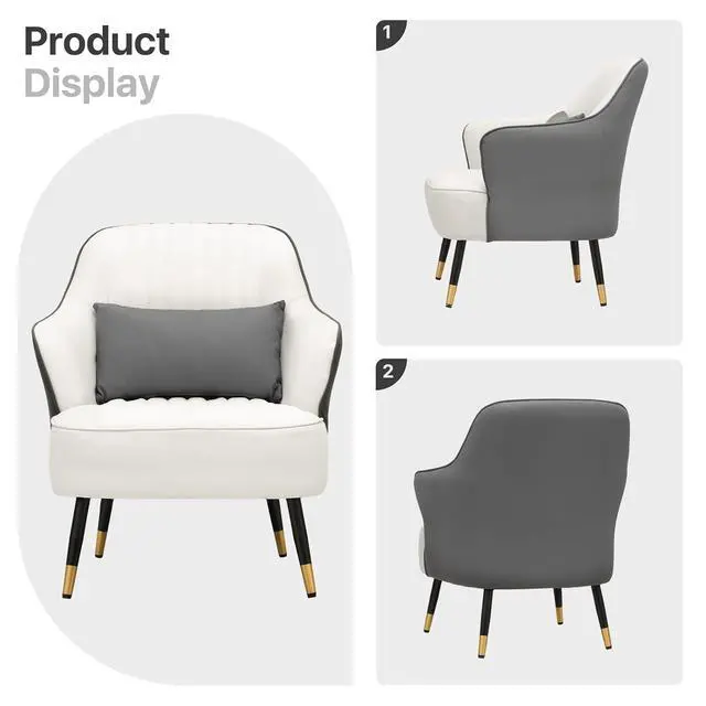 Alt view image 7 of 7 - Accent Chair with Lumbar Pillow, Comfy Reading Chair Mid Century Modern Barrel Chair, Upholstered Single Sofa Chair with Metal Legs for Living Room Bedroom, White & Grey