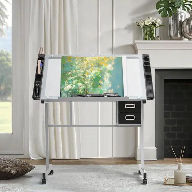 Alt view image 2 of 7 - Drafting Table on Wheels with Storage & Side Tray - Adjustable 0-65° Glass Tabletop, Replaceable Feet Art Desk