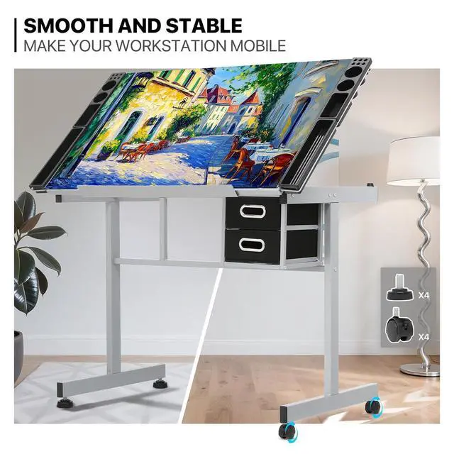 Alt view image 4 of 7 - Drafting Table on Wheels with Storage & Side Tray - Adjustable 0-65° Glass Tabletop, Replaceable Feet Art Desk