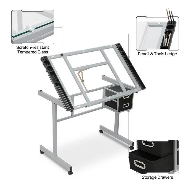 Alt view image 5 of 7 - Drafting Table on Wheels with Storage & Side Tray - Adjustable 0-65° Glass Tabletop, Replaceable Feet Art Desk