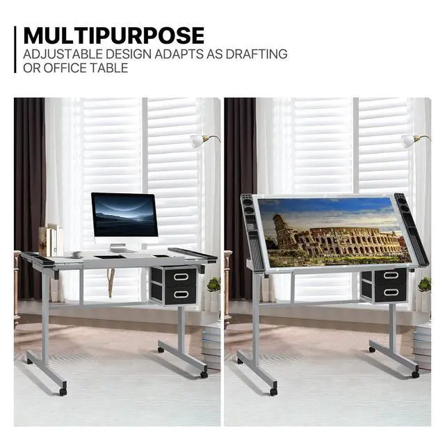 Alt view image 6 of 7 - Drafting Table on Wheels with Storage & Side Tray - Adjustable 0-65° Glass Tabletop, Replaceable Feet Art Desk