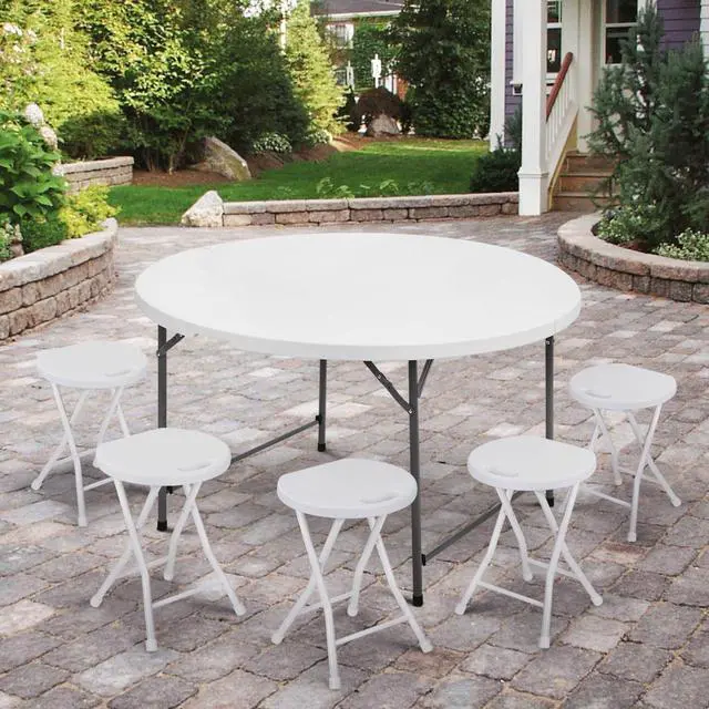 Alt view image 2 of 7 - 4.5Ft Round Folding Table, Indoor Outdoor Plastic Dining Card Table with Handle and Lock for Picnic Party Banquet Wedding, White