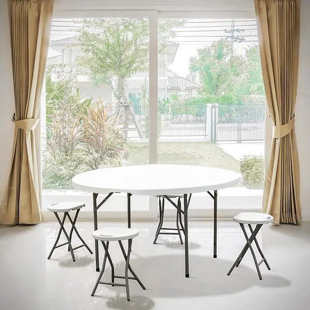 Alt view image 4 of 7 - 4.5Ft Round Folding Table, Indoor Outdoor Plastic Dining Card Table with Handle and Lock for Picnic Party Banquet Wedding, White