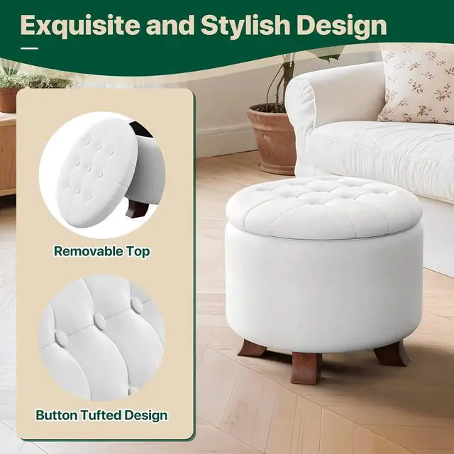 Alt view image 5 of 7 - Round Ottoman with Storage, Small Foot Rest Stool with Legs, 20 Dia x 17 H Inches PU Leather Ottoman Chair for Living Room, Bedroom, Black