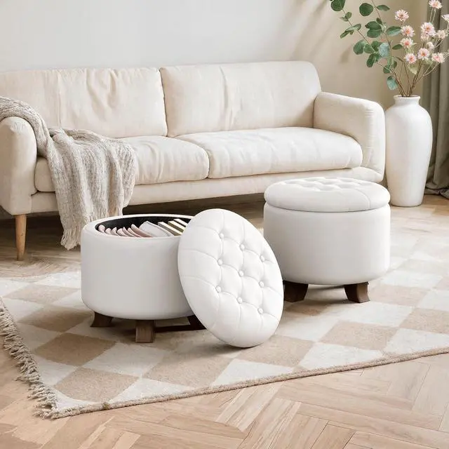 Alt view image 4 of 7 - Round Ottoman with Storage, Small Foot Rest Stool with Legs, 20 Dia x 17 H Inches PU Leather Ottoman Chair for Living Room, Bedroom, Black
