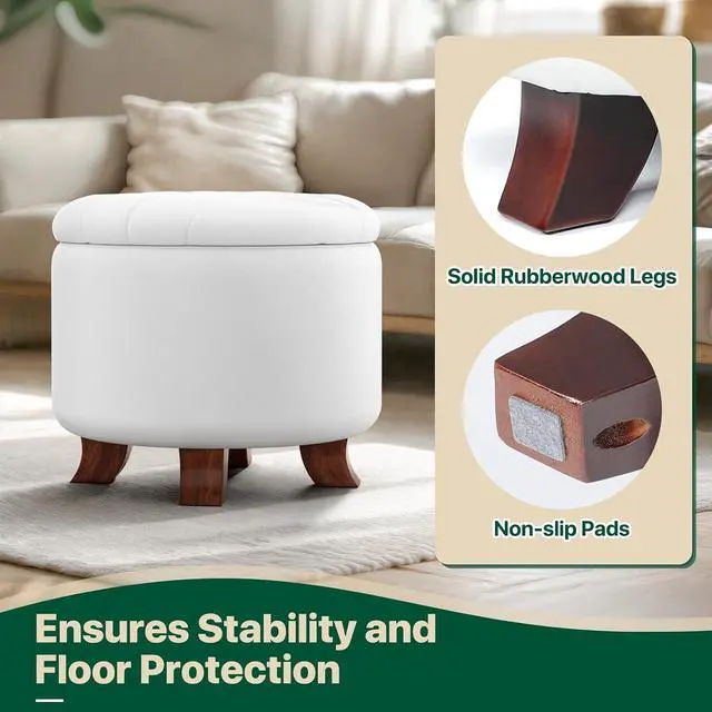Alt view image 6 of 7 - Round Ottoman with Storage, Small Foot Rest Stool with Legs, 20 Dia x 17 H Inches PU Leather Ottoman Chair for Living Room, Bedroom, Black