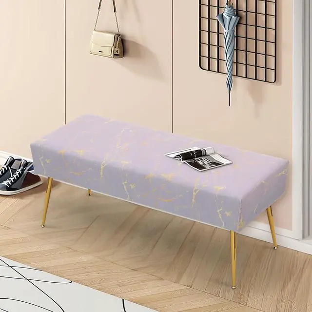 Alt view image 2 of 7 - Upholstered Settee Bench with Solid Steel Legs, Modern Lavender Long Bench for Entryway or Living Room, Versatile Accent Ottoman Foot Rest Stool with Marble Pattern, 440 lbs Capacity