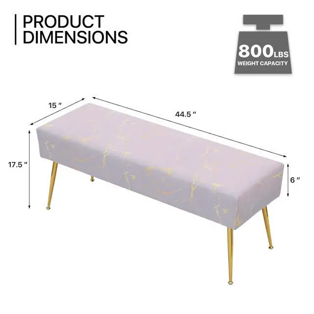 Alt view image 3 of 7 - Upholstered Settee Bench with Solid Steel Legs, Modern Lavender Long Bench for Entryway or Living Room, Versatile Accent Ottoman Foot Rest Stool with Marble Pattern, 440 lbs Capacity