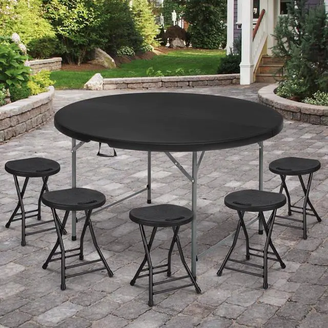 Alt view image 2 of 7 - 4.5Ft Round Folding Table, Indoor Outdoor Plastic Dining Card Table with Handle and Lock for Picnic Party Banquet Wedding, Black