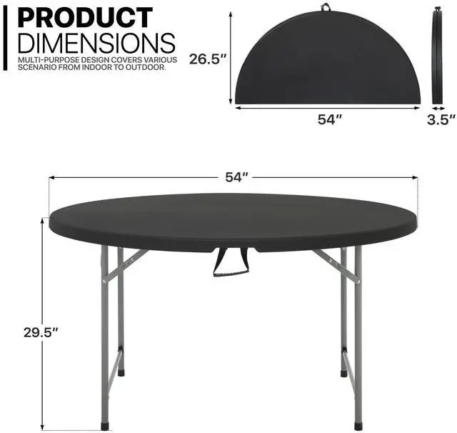 Alt view image 3 of 7 - 4.5Ft Round Folding Table, Indoor Outdoor Plastic Dining Card Table with Handle and Lock for Picnic Party Banquet Wedding, Black