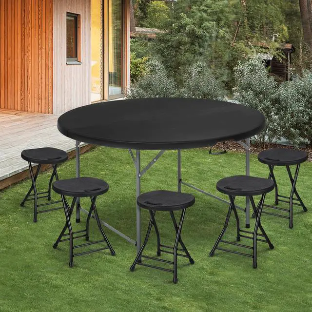 Alt view image 4 of 7 - 4.5Ft Round Folding Table, Indoor Outdoor Plastic Dining Card Table with Handle and Lock for Picnic Party Banquet Wedding, Black