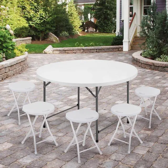 Alt view image 2 of 7 - 4Ft Round Folding Table, Indoor Outdoor Plastic Dining Card Table with Handle and Lock for Picnic Party Banquet Wedding, White