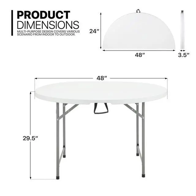 Alt view image 3 of 7 - 4Ft Round Folding Table, Indoor Outdoor Plastic Dining Card Table with Handle and Lock for Picnic Party Banquet Wedding, White