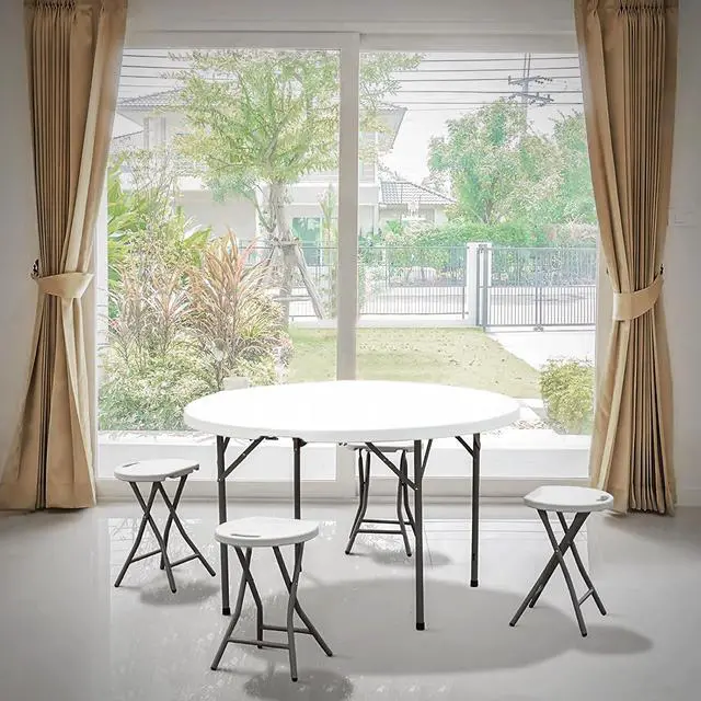Alt view image 4 of 7 - 4Ft Round Folding Table, Indoor Outdoor Plastic Dining Card Table with Handle and Lock for Picnic Party Banquet Wedding, White