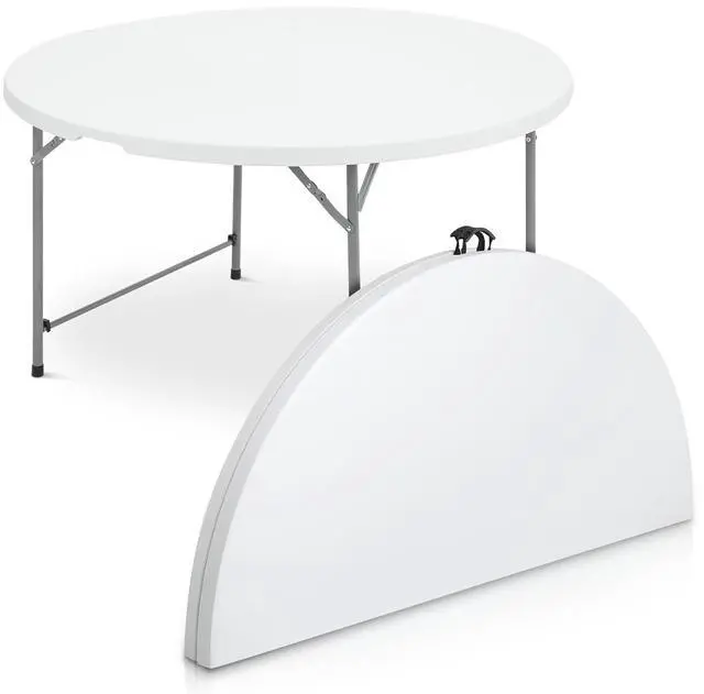 Main image of Round Plastic Bi-Folding Table with Carrying Handle, Indoor Outdoor Portable Table for Patio Party Wedding Event Conference, White, 53 Inch