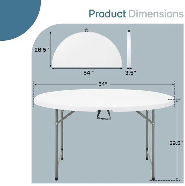 Alt view image 3 of 7 - Round Plastic Bi-Folding Table with Carrying Handle, Indoor Outdoor Portable Table for Patio Party Wedding Event Conference, White, 53 Inch