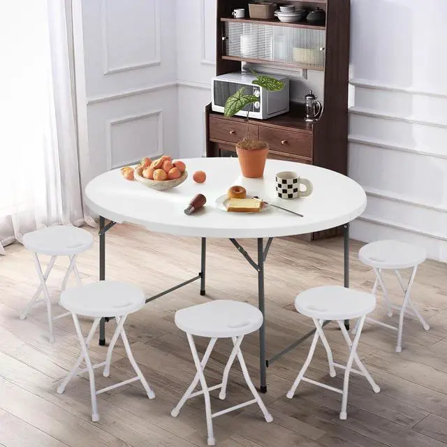 Alt view image 2 of 7 - Round Plastic Bi-Folding Table with Carrying Handle, Indoor Outdoor Portable Table for Patio Party Wedding Event Conference, White, 53 Inch
