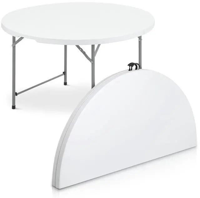 Main image of Round Plastic Bi-Folding Table with Carrying Handle, Indoor Outdoor Portable Table for Patio Party Wedding Event Conference, White, 48 Inch