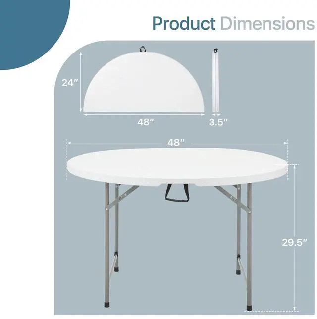 Alt view image 3 of 7 - Round Plastic Bi-Folding Table with Carrying Handle, Indoor Outdoor Portable Table for Patio Party Wedding Event Conference, White, 48 Inch