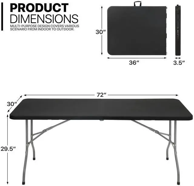 Alt view image 3 of 7 - 6Ft Folding Table, Heavy Duty Portable Plastic Dining Tables Fold in Half Indoor Outdoor Desk w/Handle, Lock for Camping Picnic Party, Black