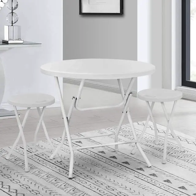 Alt view image 2 of 7 - 2.6Ft Round Folding Table Set, Portable Plastic Commercial Card Dining Table for Wedding Event Party Banquet, 5-Piece White - No Assembly