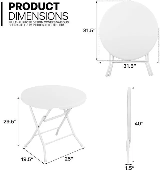 Alt view image 3 of 7 - 2.6Ft Round Folding Table Set, Portable Plastic Commercial Card Dining Table for Wedding Event Party Banquet, 5-Piece White - No Assembly