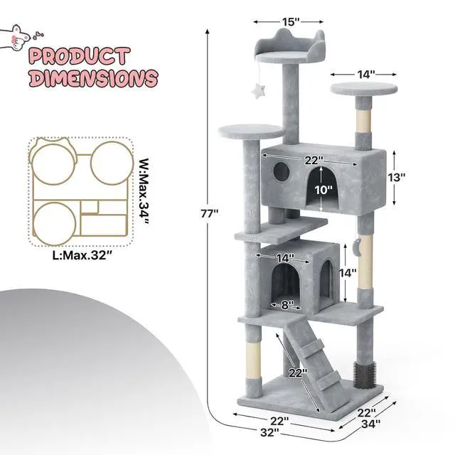 Alt view image 2 of 7 - 77 Inch Cat Tree Tower for Indoor Cats Large Adults, Tall Cat Tower with Scratching Post, Multi-Level Furniture Activity Center with Cat Condo Pet Play House, Light Grey