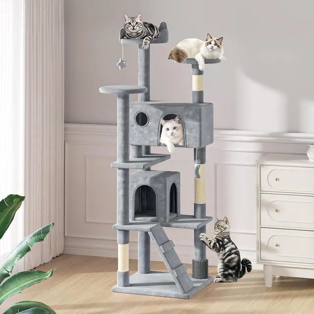 Alt view image 3 of 7 - 77 Inch Cat Tree Tower for Indoor Cats Large Adults, Tall Cat Tower with Scratching Post, Multi-Level Furniture Activity Center with Cat Condo Pet Play House, Light Grey