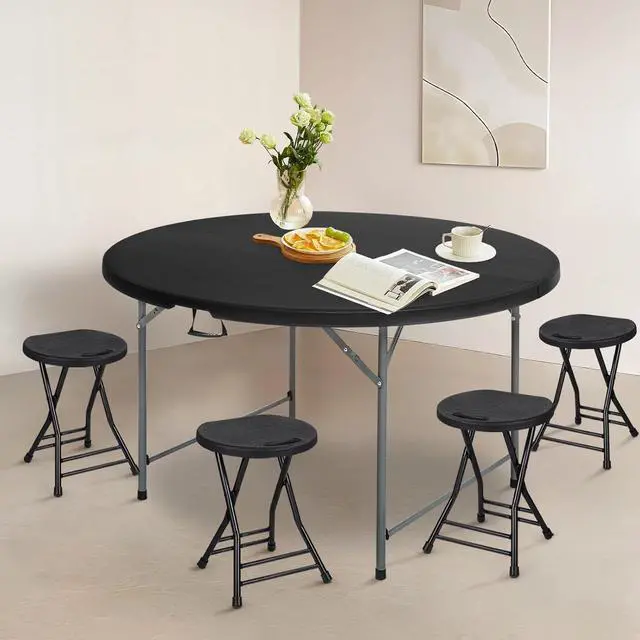 Alt view image 2 of 7 - Round Plastic Bi-Folding Table with Carrying Handle, Indoor Outdoor Portable Table for Patio Party Wedding Event Conference, Black, 65 Inch