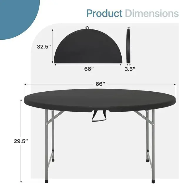 Alt view image 3 of 7 - Round Plastic Bi-Folding Table with Carrying Handle, Indoor Outdoor Portable Table for Patio Party Wedding Event Conference, Black, 65 Inch