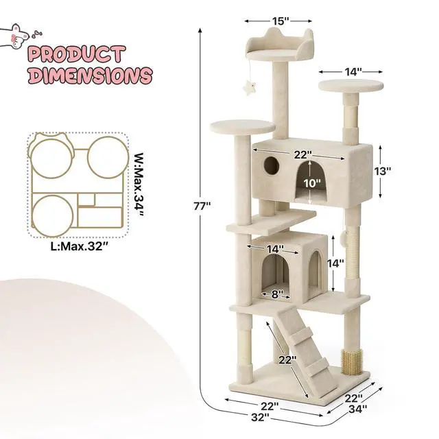 Alt view image 2 of 7 - 77 Inch Cat Tree Tower for Indoor Cats Large Adults, Tall Cat Tower with Scratching Post, Multi-Level Furniture Activity Center with Cat Condo Pet Play House, Beige