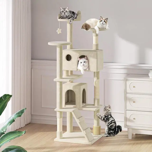 Alt view image 3 of 7 - 77 Inch Cat Tree Tower for Indoor Cats Large Adults, Tall Cat Tower with Scratching Post, Multi-Level Furniture Activity Center with Cat Condo Pet Play House, Beige
