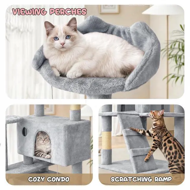Alt view image 7 of 7 - 77 Inch Cat Tree Tower for Indoor Cats Large Adults, Tall Cat Tower with Scratching Post, Multi-Level Furniture Activity Center with Cat Condo Pet Play House, Light Grey