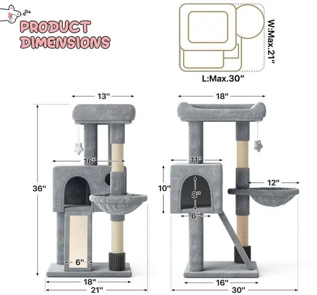 Alt view image 2 of 7 - 36-Inch Cat Tree with Condo, Hammock & Sisal Scratching Posts, Multi-Level Climbing Stand for Indoor Cats, Light Grey
