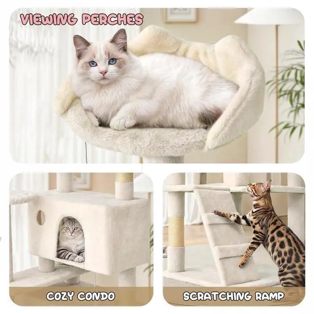 Alt view image 7 of 7 - 77 Inch Cat Tree Tower for Indoor Cats Large Adults, Tall Cat Tower with Scratching Post, Multi-Level Furniture Activity Center with Cat Condo Pet Play House, Beige