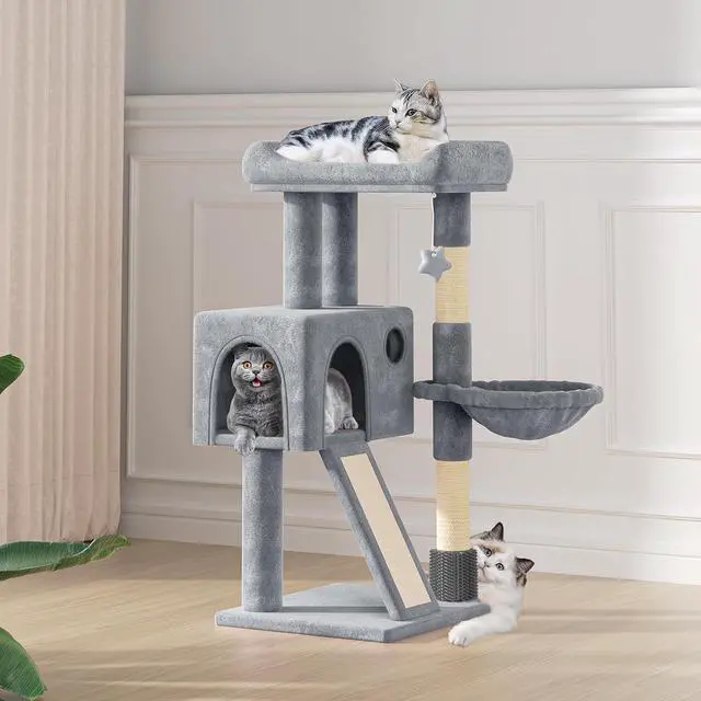 Alt view image 3 of 7 - 36-Inch Cat Tree with Condo, Hammock & Sisal Scratching Posts, Multi-Level Climbing Stand for Indoor Cats, Light Grey