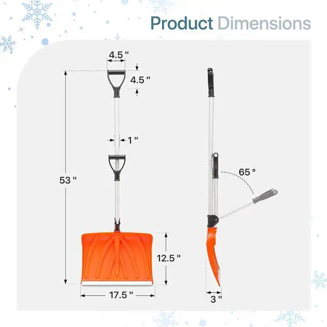 Alt view image 2 of 5 - Snow Shovel 18 in Poly Blade with Aluminum Edge and Steel Handle, Ergonomic Combination Handle for Efficient Snow Removal,Orange