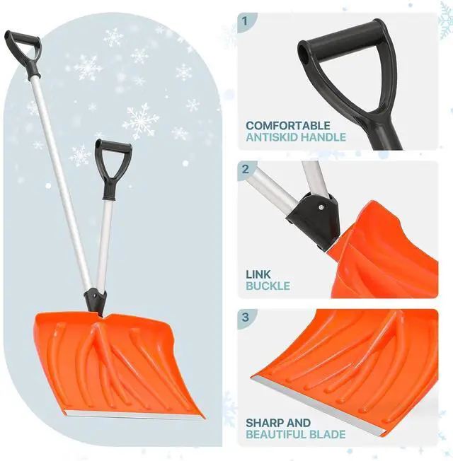 Alt view image 4 of 5 - Snow Shovel 18 in Poly Blade with Aluminum Edge and Steel Handle, Ergonomic Combination Handle for Efficient Snow Removal,Orange