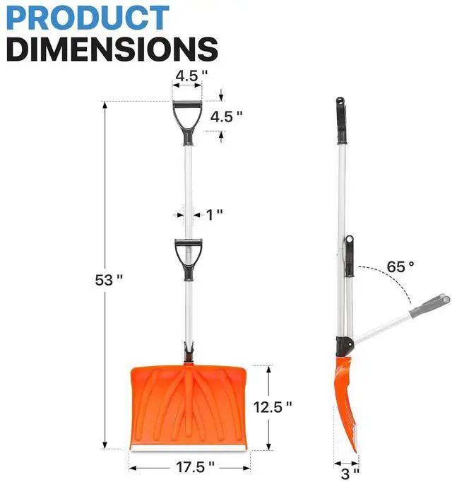 Alt view image 2 of 5 - Ergonomic Snow Shovel Garage Snow Removal with Back-Saving Fore-Grip, 17.5 Inch x 12.5 Inch Blade with Aluminum Edge, Wide Snow Shovel for Doorway Sidewalk and Deck, Orange