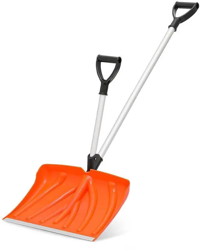 Main image of Ergonomic Snow Shovel Garage Snow Removal with Back-Saving Fore-Grip, 17.5 Inch x 12.5 Inch Blade with Aluminum Edge, Wide Snow Shovel for Doorway Sidewalk and Deck, Orange