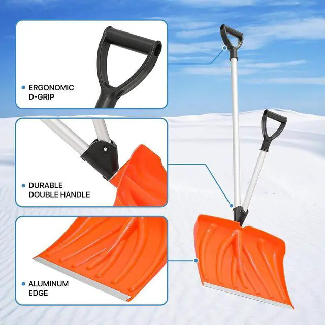 Alt view image 4 of 5 - Ergonomic Snow Shovel Garage Snow Removal with Back-Saving Fore-Grip, 17.5 Inch x 12.5 Inch Blade with Aluminum Edge, Wide Snow Shovel for Doorway Sidewalk and Deck, Orange